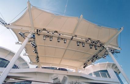 Sun shade awning for stage by ACS Production canopy Tensile membrane structure