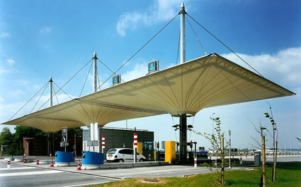 Fabric architecture to cover highway tolls, train stations, bus platforms by ACS Production leader in textile architecture